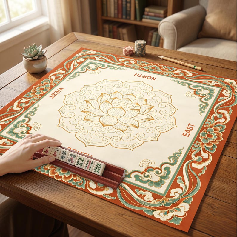 Anpassad Lotus Mahjongmatta, Asiatisk Blommönster, Halkfri Spelplan i Gummi, Elegant Retrodekor, Present till Mahjongspelare, Mahjongtillbehör bild 1