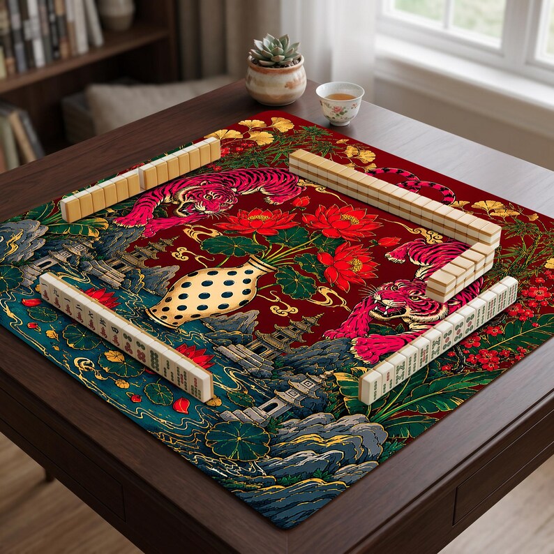 May include: A square mahjong mat featuring a vibrant red background with illustrations of pink tigers, red lotus flowers in a spotted vase, and traditional pagodas. The mat is bordered by four rows of cream-colored mahjong tiles arranged in a square.