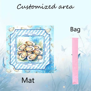 May include: A square game mat featuring a central illustration of oysters on a blue background with white striped borders and text, accompanied by a long, narrow pink storage bag. The mat includes printed game instructions and directional arrows.