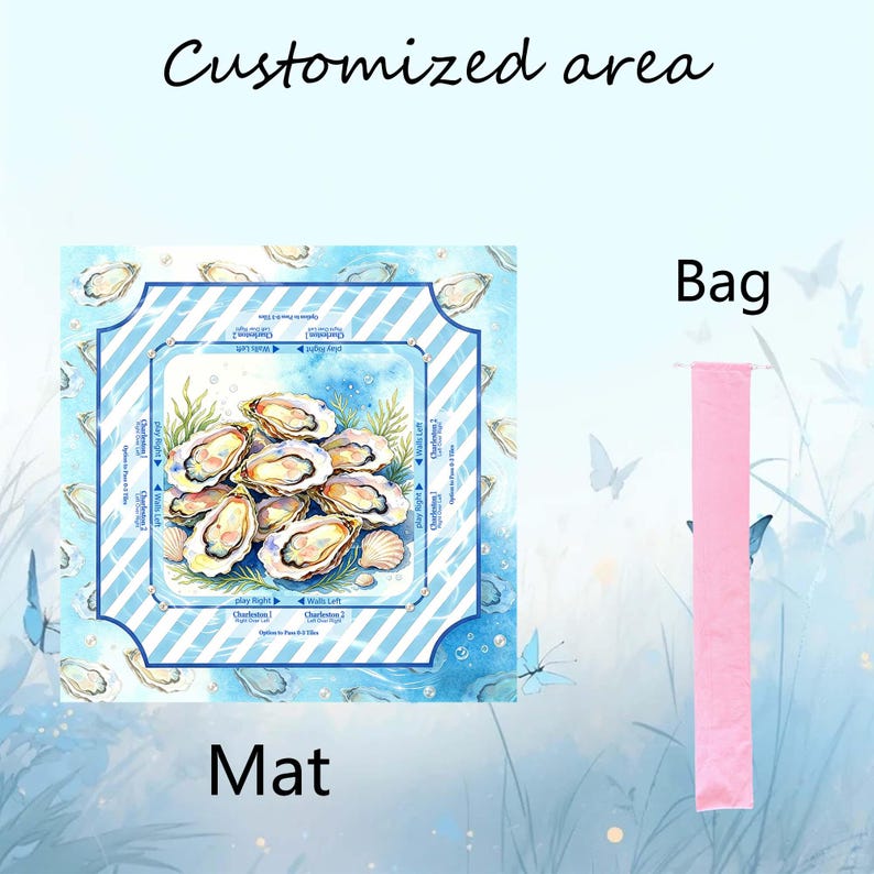May include: A square game mat featuring a central illustration of oysters on a blue background with white striped borders and text, accompanied by a long, narrow pink storage bag. The mat includes printed game instructions and directional arrows.