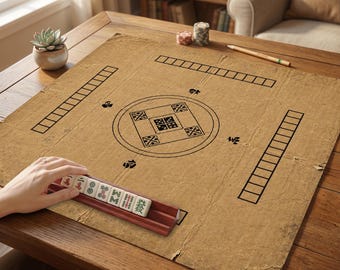 May include: A tan, textured game mat featuring black printed markings, including a central square with circular borders and four rectangular scoring tracks. A wooden tile rack holds several white mahjong tiles with red and green symbols.