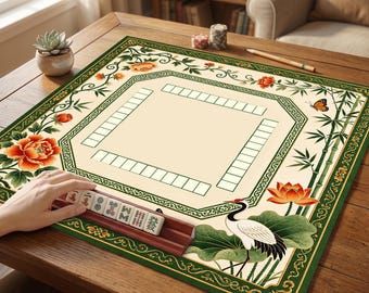 カスタム中国風花柄麻雀マット、鶴と牡丹の麻雀テーブルカバー、チャールストンルール滑り止めマット（ゲームナイト用）、麻雀アクセサリー