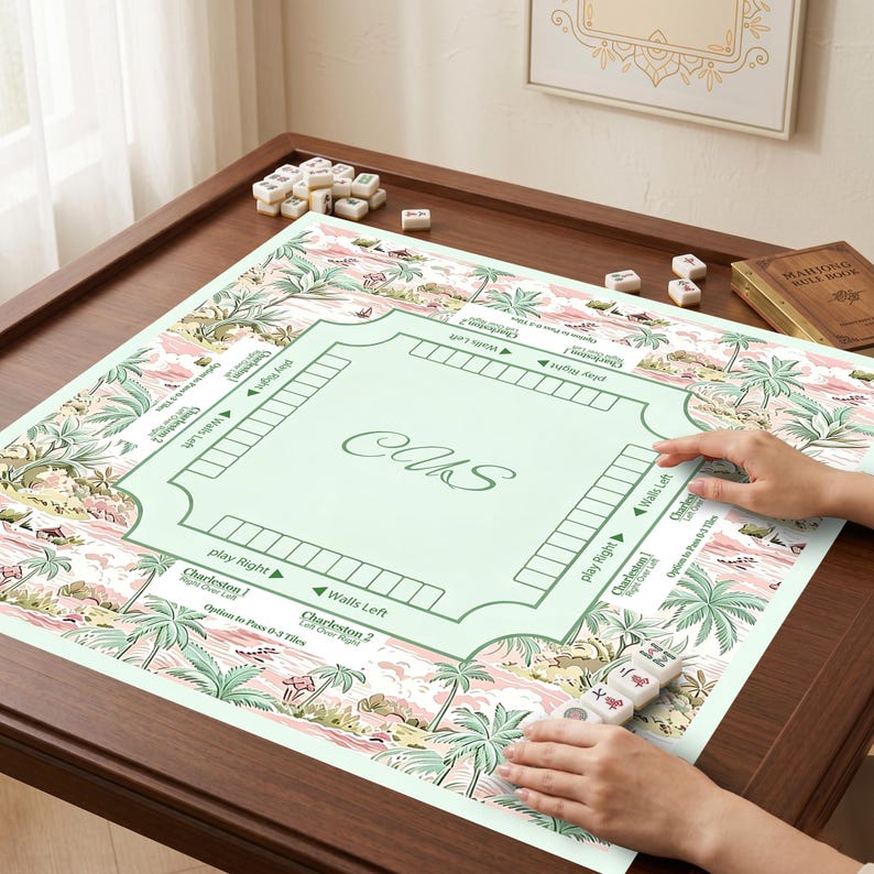 Pastel Tropical Palm Mahjong Game Mat, Vintage Chinoiserie Charleston Layout Mahjong Table Cover, Quiet Rubber Game Pad, Mahjong accessories image 2