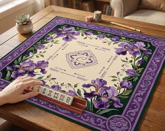 ヴィンテージパープルアイリス麻雀テーブルマット、チャールストンルールプリント入り花柄スクエアゲームマット、麻雀テーブルマット、麻雀マット