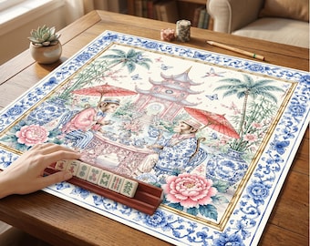 Tapete de mesa de Mahjong de estilo chino, diseño de porcelana azul y blanca, tapete de juego floral, tapete de mesa de Mahjong americano, regalo único para los amantes del Mahjong.