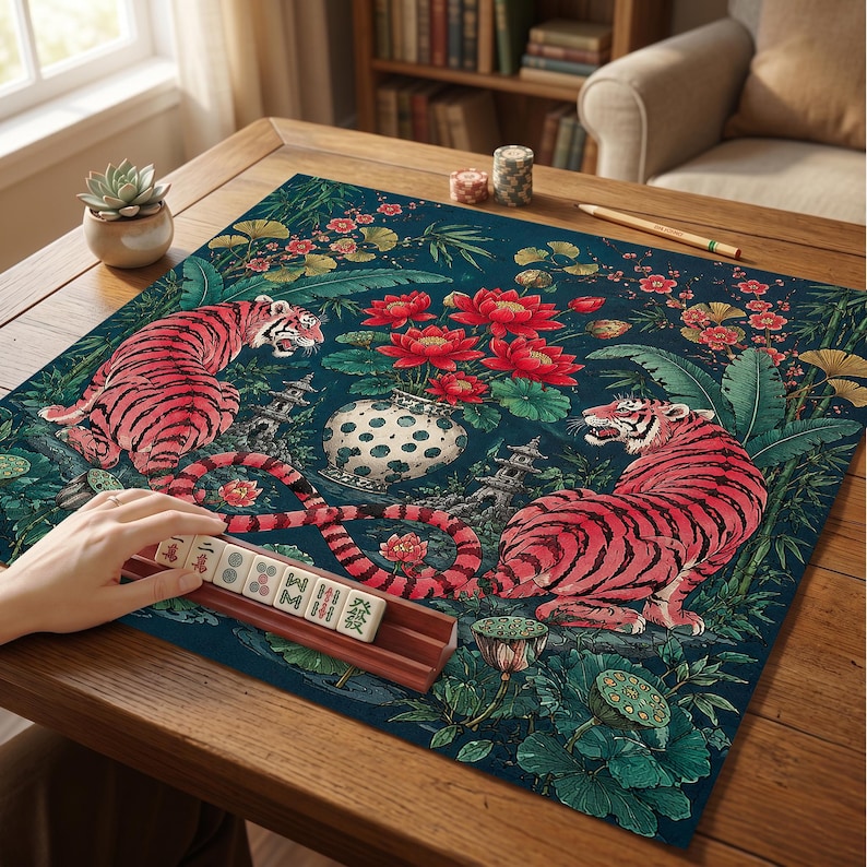 Puede incluir: Un tapete de mahjong cuadrado con fondo verde azulado oscuro, dos tigres rosas, flores de loto rojas, un jarr&oacute;n blanco con lunares y pagodas de piedra. Un soporte de madera sostiene seis fichas de mahjong con caracteres chinos.