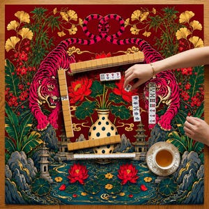 May include: A square mahjong mat featuring a deep red background with two pink tigers, golden ginkgo leaves, bamboo, and a central vase with lotus flowers. The mat displays a landscape with pagodas and water, with mahjong tiles and a teacup.