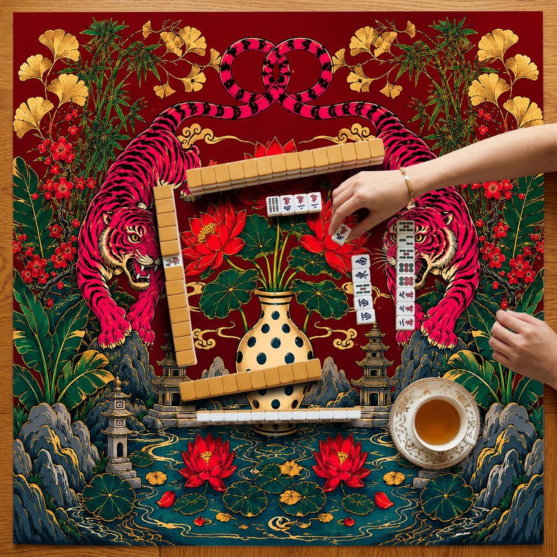 May include: A square mahjong mat featuring a deep red background with two pink tigers, golden ginkgo leaves, bamboo, and a central vase with lotus flowers. The mat displays a landscape with pagodas and water, with mahjong tiles and a teacup.