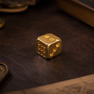 May include: A single six-sided die with a metallic gold finish. The die features recessed circular pips on its faces, showing the numbers two, three, and nine visible from this angle. The surface of the die has a textured, weathered appearance.