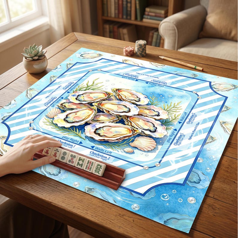 May include: A square mahjong mat featuring a central illustration of open oysters on a blue and white striped border. The mat includes printed game instructions and directional arrows. A wooden tile rack holds several mahjong tiles with characters.