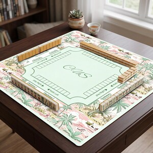 Pastel Tropical Palm Mahjong Game Mat, Vintage Chinoiserie Charleston Layout Mahjong Table Cover, Quiet Rubber Game Pad, Mahjong accessories image 3