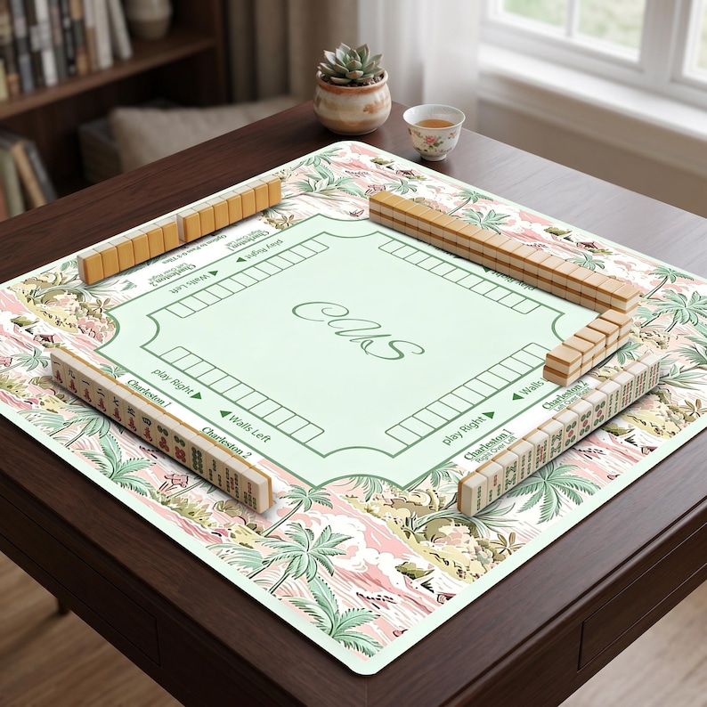 Pastel Tropical Palm Mahjong Game Mat, Vintage Chinoiserie Charleston Layout Mahjong Table Cover, Quiet Rubber Game Pad, Mahjong accessories image 3