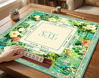 Personalized Mahjong Mat, Floral Green Game Table Cover, Custom Letter Design, Elegant Rubber Mahjong Mat,  American Mahjong Mat