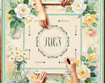 Personalized Floral Mahjong Mat, Vintage White Rose and Daisy Design, Elegant Green Game Table Cover,Custom Mahjong Gift,Mahjong accessories