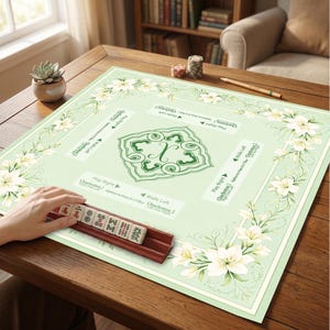 Personalized Lily Mahjong Mat, Mint Green Floral Table Pad, Monogram Charleston Rules Game Mat, Elegant Gift for Her