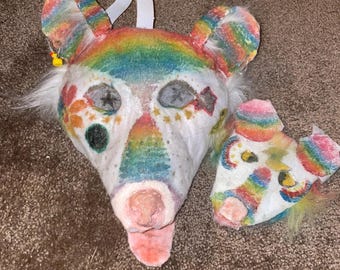 Máscara de zarigüeya therian con temática de HQ Kidcore y lengua desmontable con mini máscara a juego