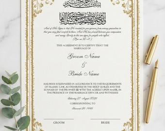 Certificado de matrimonio islámico imprimible con flores doradas (Nombre del Nikkah) / Sura Ar-Rum 30:21 / Nikkah moderno (descarga digital) / Tamaño legal 8.5x14