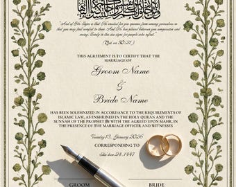 Grünes Blumen Nikkah Nama | Druckbare Islamische Heiratsurkunde | Sure 30:21 Ar-Rum | Moderne Nikkah Digitaler Download | 8.5x14 legal Größe