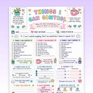 Things I Can Control Worksheet, Anxiety Coping Skills, Mindset Reflection (US Letter)
