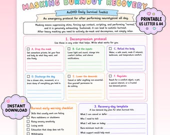 May include: A printable document titled Masking Burnout Recovery: AuDHD Daily Survival Toolkit. It includes a decompression protocol with six sections, a burnout early-warning checklist, and a recovery-day template for low-demand planning.