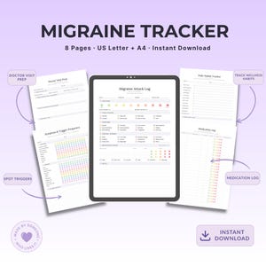 Könnte beinhalten: Ein digitales Migräne-Tracker-Set mit 8 Seiten, darunter ein Migräne-Attacken-Protokoll, Arztbesuch-Vorbereitung, Symptom- und Auslöser-Häufigkeit, täglicher Gewohnheits-Tracker und Medikamenten-Protokoll. Text: Migraine Tracker, 8 Pages, US Letter + A4.