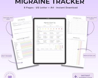 May include: A digital migraine tracker set featuring 8 pages including a Migraine Attack Log, Doctor Visit Prep, Symptom and Trigger Frequency, Daily Habits Tracker, and Medication Log. The text reads Migraine Tracker, 8 Pages, US Letter + A4, Instant Download.