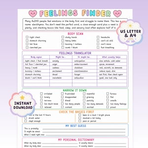 May include: A Feelings Finder printable worksheet with a pastel color scheme. It includes sections titled Body Scan, Feelings Translator, Narrow It Down, Check The Basics First, My Best Guess, and My Personal Dictionary, featuring checkboxes and text lines.