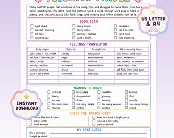 May include: A Feelings Finder printable worksheet with a pastel color scheme. It includes sections titled Body Scan, Feelings Translator, Narrow It Down, Check The Basics First, My Best Guess, and My Personal Dictionary, featuring checkboxes and text lines.