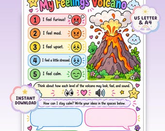 May include: A My Feelings Volcano educational worksheet featuring a colorful illustration of an erupting volcano, five numbered emotion levels with corresponding faces, and text prompts including Think about how each level of the volcano may look, feel, and sound and How can I stay calm? Write your ideas in the spaces below.