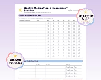 May include: A white weekly medication and supplement tracker printable sheet with purple headers. The document includes a grid for daily check-offs, a section for as-needed meds, and areas for week check-in, side effects, and questions for my doctor.