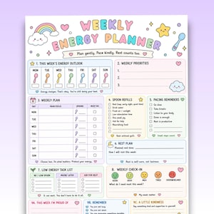 Weekly Energy Planner, Spoon Theory Self-Care Worksheet (US Letter PDF) image 1