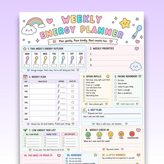 Weekly Energy Planner, Spoon Theory Self-Care Worksheet (US Letter PDF)