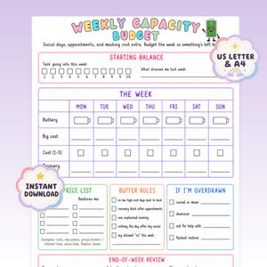May include: A Weekly Capacity Budget planner sheet featuring a colorful header, a battery character, and sections for starting balance, daily tracking, price list, buffer rules, and end-of-week review. Includes text labels for US Letter and A4 sizes.
