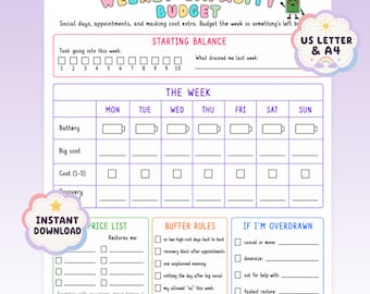 May include: A Weekly Capacity Budget planner sheet featuring a colorful header, a battery character, and sections for starting balance, daily tracking, price list, buffer rules, and end-of-week review. Includes text labels for US Letter and A4 sizes.