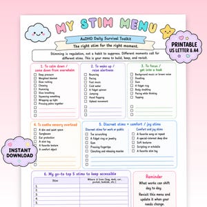 May include: A printable My Stim Menu AuDHD Daily Survival Toolkit checklist with pastel-colored headers and icons. The document features six sections for tracking sensory regulation strategies, including checkboxes for various calming and focus activities.