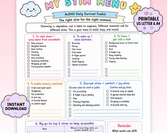 May include: A printable My Stim Menu AuDHD Daily Survival Toolkit checklist with pastel-colored headers and icons. The document features six sections for tracking sensory regulation strategies, including checkboxes for various calming and focus activities.
