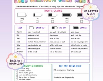 May include: A printable Bare Minimum Care Menu chart with pastel headers. It features a Today's Charge battery tracker, a task table for hygiene, hair, teeth, food, water, space, and movement, plus sections for Sensory Shortcuts and The One Thing Rule.