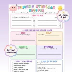 May include: A Demand Overload Decoder worksheet featuring a pink brain character and a yellow sun icon. The document includes sections titled Dump the Pile, Sort Every Demand Into One Square, Signs I'm In Overload, and Hand the Day Back with lines.