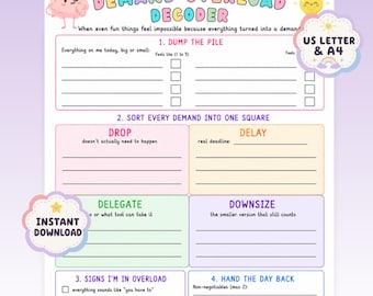 May include: A Demand Overload Decoder worksheet featuring a pink brain character and a yellow sun icon. The document includes sections titled Dump the Pile, Sort Every Demand Into One Square, Signs I'm In Overload, and Hand the Day Back with lines.