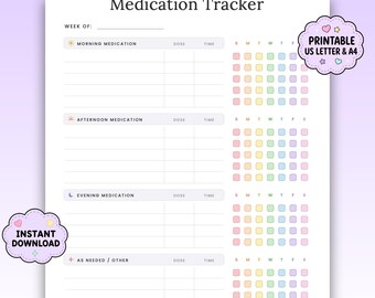 May include: A white medication tracker sheet with the title Medication Tracker, sections for morning, afternoon, evening, and as needed medication, with columns for dose and time, and rows of colorful checkboxes for each day of the week.
