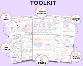 May include: A digital toolkit titled The AuDHD Daily Life Toolkit, featuring ten printable pages with pastel-colored headers and icons. The pages include checklists, charts, and planners for task initiation, capacity budgets, and care menus.