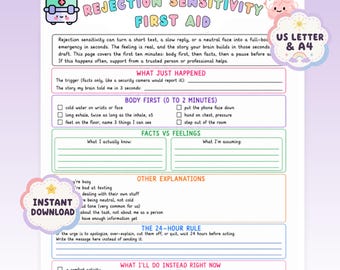 May include: A Rejection Sensitivity First Aid worksheet featuring pastel-colored sections for mental health tracking. It includes prompts like What Just Happened, Body First, Facts vs Feelings, Other Explanations, The 24-Hour Rule, and Later Check-In, with checkboxes and lines for writing.