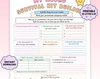 May include: A printable AuDHD survival kit builder worksheet with a pastel color scheme. The document features eleven sections for personal planning, including early warning signs, sensory spaces, comfort items, and a physical kit checklist.