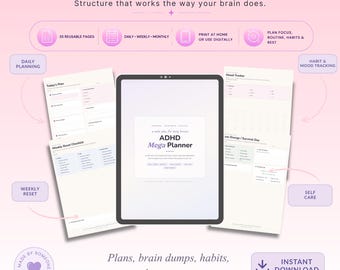 May include: A digital ADHD Mega Planner displayed on a tablet screen, surrounded by sample pages for daily planning, weekly resets, mood tracking, and self-care. The layout features light pink and white tones with text detailing features like 35 reusable pages, daily, weekly, and monthly views, and digital or printable options.