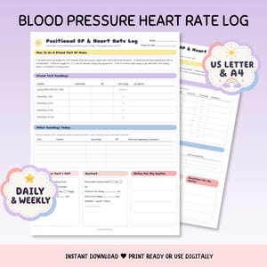 Pode incluir: Um documento imprimível de registro de pressão arterial e frequência cardíaca com seções para testes em pé, acompanhamento diário e semanal e notas para o médico, incluindo campos para data, hora, pressão e sintomas.
