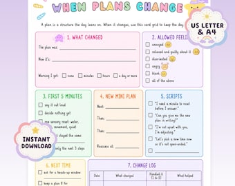 May include: A printable planner page titled When Plans Change with a pastel color scheme. It features seven sections including What Changed, Allowed Feelings, First 5 Minutes, New Mini Plan, Scripts, Next Time, and a Change Log with checkboxes and lines.