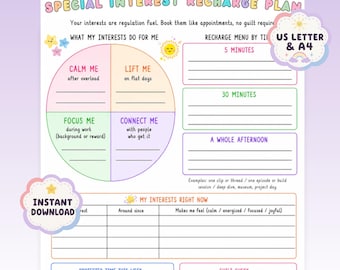 May include: A colorful printable planner titled Special Interest Recharge Plan featuring sections for interests, a recharge menu by time, a weekly tracker, and a guilt check list. The document includes pastel-colored graphics of stars and a sun.