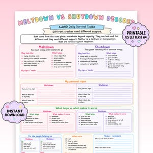 May include: A printable AuDHD Daily Survival Toolkit document titled Meltdown vs Shutdown Decoder. The chart features sections for identifying signs, needs, and coping strategies for meltdowns and shutdowns, with blank lines for personal notes.