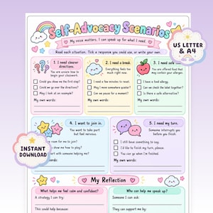 Peut inclure: Une fiche de travail intitulée Self-Advocacy Scenarios présentant cinq sections numérotées avec des cases à cocher pour les réponses, incluant des sujets comme demander des directions, des pauses, de la nourriture sûre, participer et attendre son tour.
