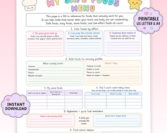 May include: A printable My Safe Foods Menu planner sheet with pastel headers and sections for organizing food by effort, sensory profile, and routine. It includes checklists for restock items, hydration reminders, and space for meal planning notes.
